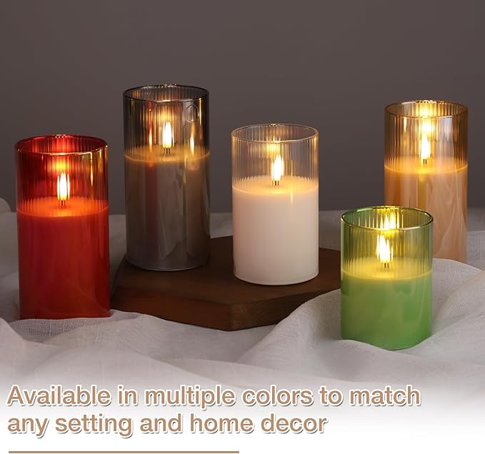Eywamage Clear Ribbed Glass Flameless Candles with Remote, Flickering LED Pillar Candles Real Wax, Set of 3