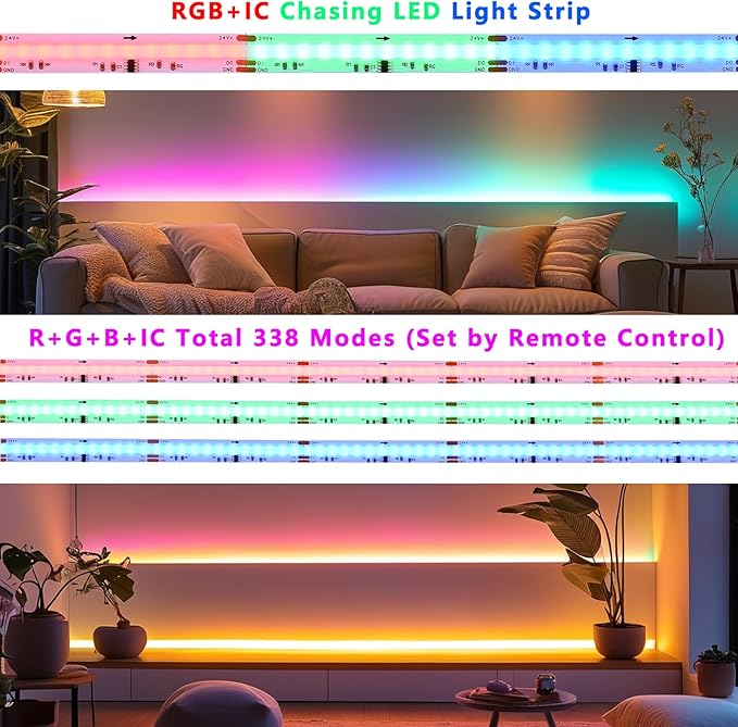 24V WS2811 RGB+IC COB LED Strip Lights 65.6ft (2 Rolls of 32.8ft), Chasing LED Light Strip with 338 Remote Controller Models and Power Supply for Bedroom, Living Room, Gaming, Parties