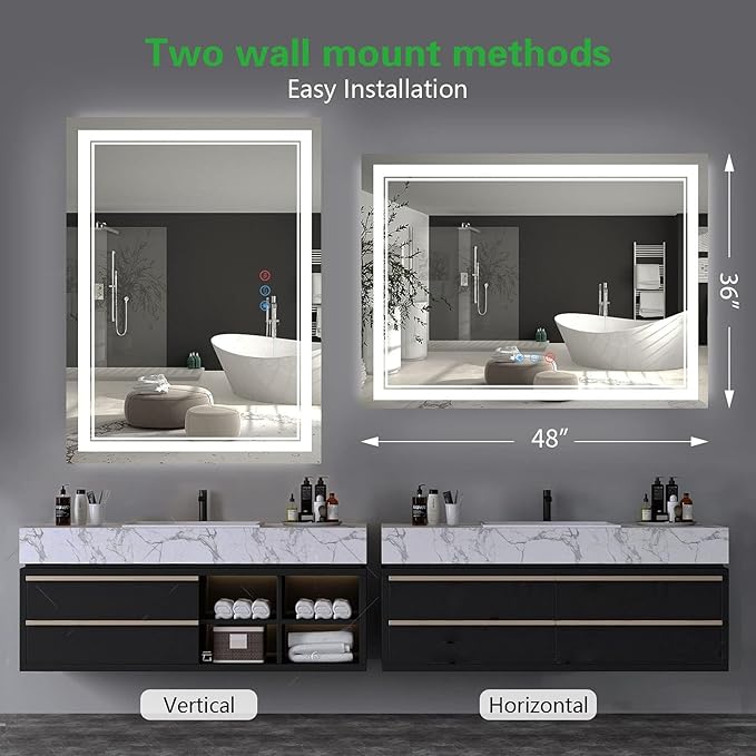 48”x 36” Bathroom Led Vanity Mirror with 3 Colors Light, Dimmable Touch Switch Control, Anti-Fog Wall Mounted Makeup Mirror for Wall (Horizontal)