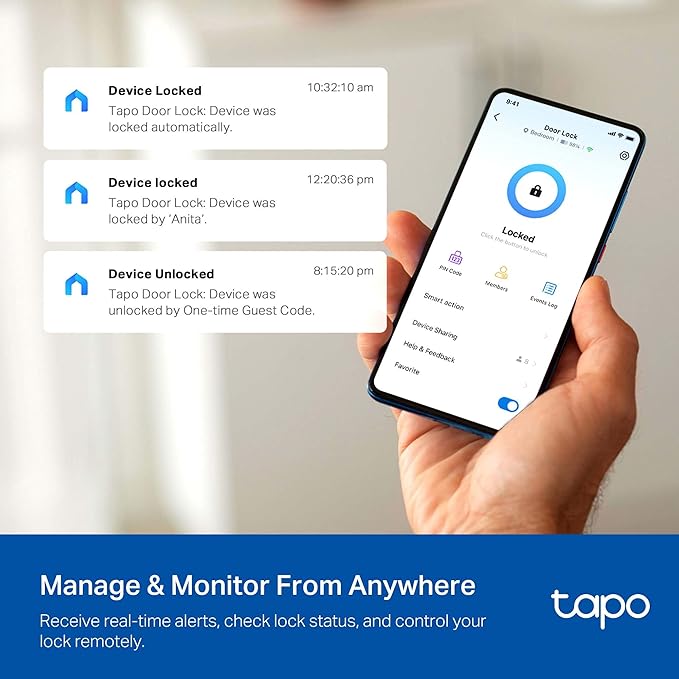 Tapo Smart Wi-Fi Deadbolt Door Lock - Fingerprint Recognition, Keyless Tactile Buttons & in-App Monitoring, Auto-Lock, IP54, BHMA Certified, Compatible with Standard Door Sizes, Tapo DL105