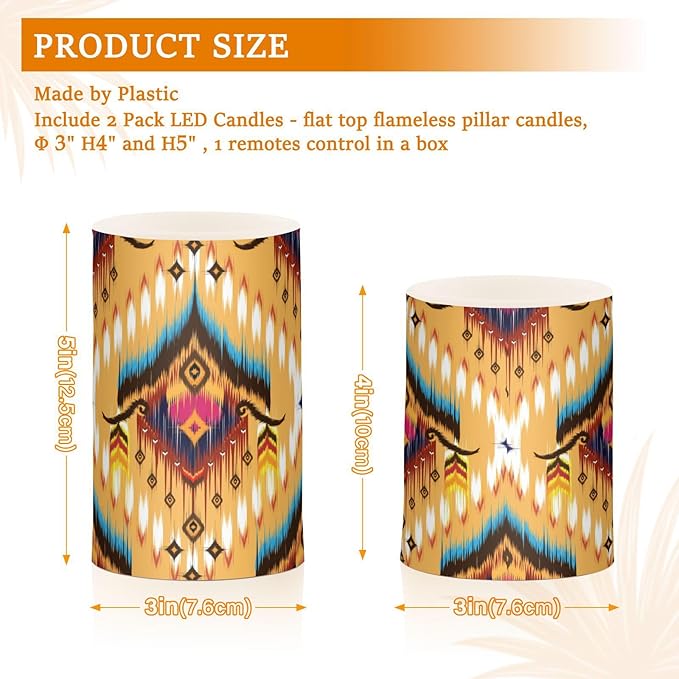 YETTASBIN Aztec Navajo Flameless Candles with Remote Control and Timer, Adjustable Brightness Long Lasting Battery Operated LED Pillar Candles for Indoor Outdoor Party Holiday Home Decor, 2 Pack
