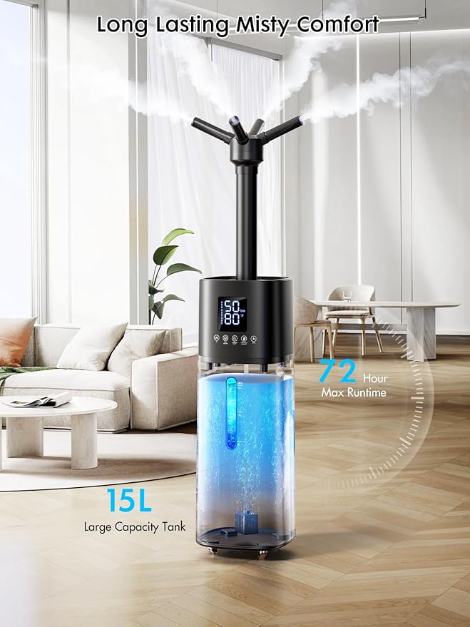 15L/4Gal Humidifier Large Room, 600mL/h Misting, 1200ft² Coverage, Auto Humidity Control, 72H Runtime, Top Fill, Aroma Diffuser, Sleep Mode, 12H Timer, Auto Shutoff Protection