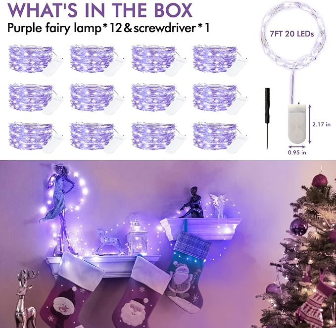 Bexdir 12 Pack Fairy Lights Battery Operated String Lights，7FT 20LED Waterproof Silver Wire Christmas Lights Outdoor,Firefly Mini Lights for Bedroom Party Birthday Wedding Home Decor