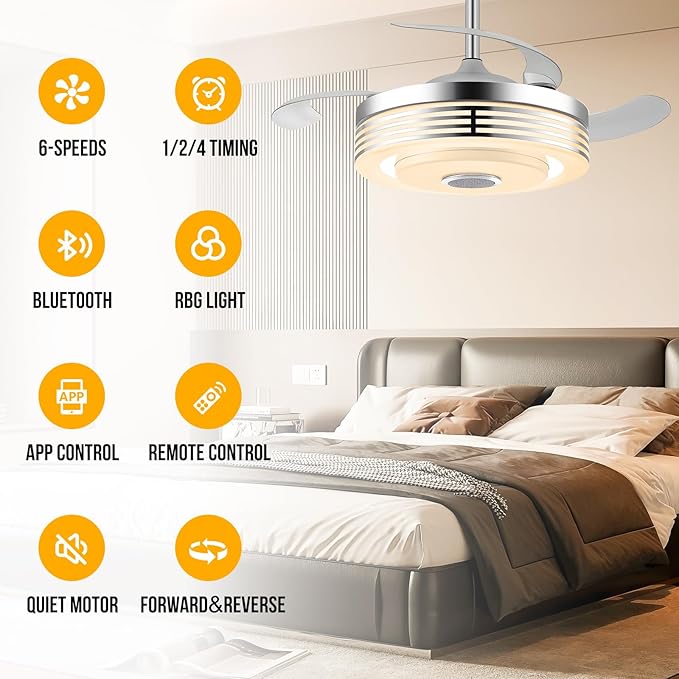 48 Inch Fandelier Ceiling Fan with Light and APP/Remote,Bluetooth RGB Ceiling Fan with Music Speaker,3 Retractable Blades 6 Speed Chandelier Fan for Bedroom Living Room Dining Room