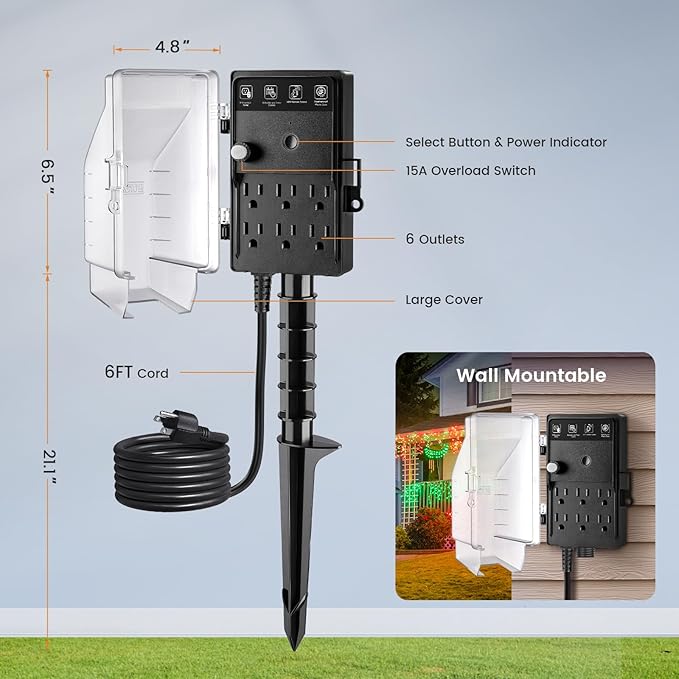 SURAIELEC Zigbee Outdoor Power Stake Timer Waterproof, 6 Outlet Power Strip Weatherproof, Smart Plug Light Timer Switch, 6FT Extension Cord, Alexa/Google Assistant Compatible, Hue Bridge Required