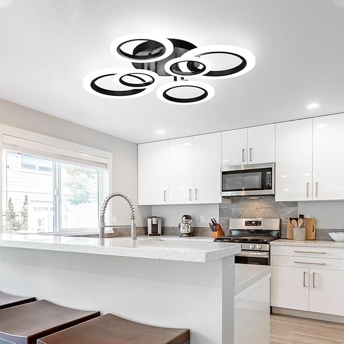 Modern LED Ceiling Light Fixture, 32" Dimmable Semi Flush Mount Ceiling Light with Remote & App Control 6 Ring Ceiling Lamp for Dining Room, Kitchen, Living Room, Bedroom, Office, Black
