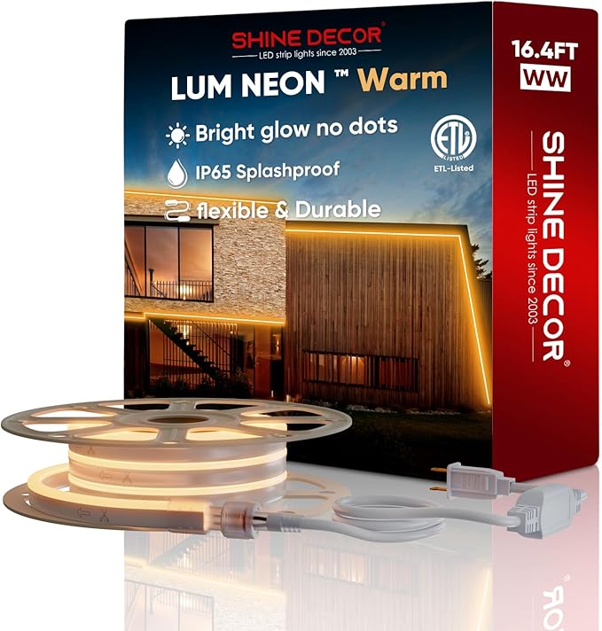 Shine Decor LED Neon Rope Lights AC 120V, Expandable & Cuttable 120LEDs/M Bright Strip Lighting, ETL Cold-Resistant & IP65 Waterproof for Indoor Outdoor, 8x16mm, 2500K Warm White, 16.4ft