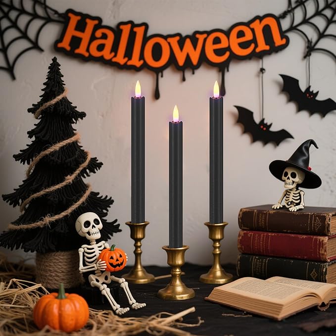 SHENSY Black Flameless Taper Candles with Remote & Timer – 6 Pack 9.64" Battery Operated Real Wax LED Candlesticks, Flickering Halloween Candle Lights for Fireplace, Party, Indoor Decor