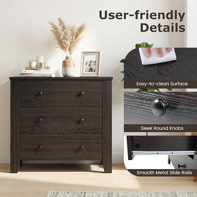 Giantex Small 3-Drawer Dresser for Bedroom - 28.5” x 18” x 26” Wide Chest of Drawers, Modern Large Nightstand, Storage Cabinet, Closet Storage Organizer for Living Room, Hallway (Brown)