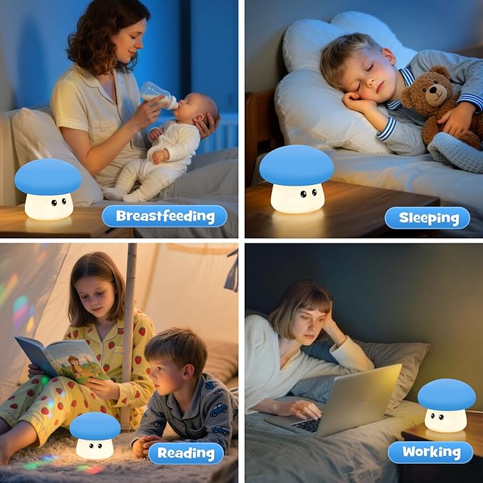 Squishy Big Eyes Mushroom Night Light with RGB Mode 3 Brightness Adjustable Nursery Breastfeeding Nightlight Cute LED Blue Mushroom Lamp Rechargeable Silicone Touch Bedside Lamp for Bedroom Dorm Decor