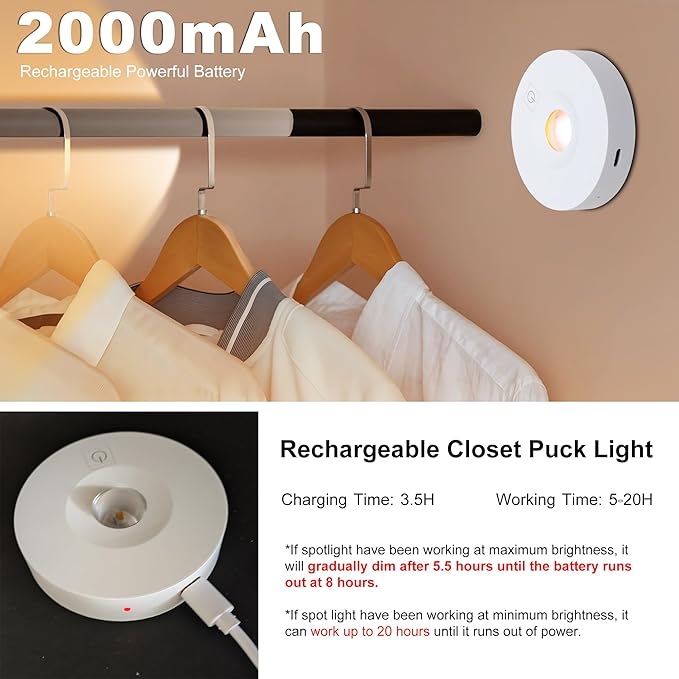 Rechargeable Puck Lights, 3 CCT & Dimmable Under Cabinet Lighting Wireless Magnetic Battery Operated Closet Light 2W 70LM White(5 Pack, Remote Control not Included)