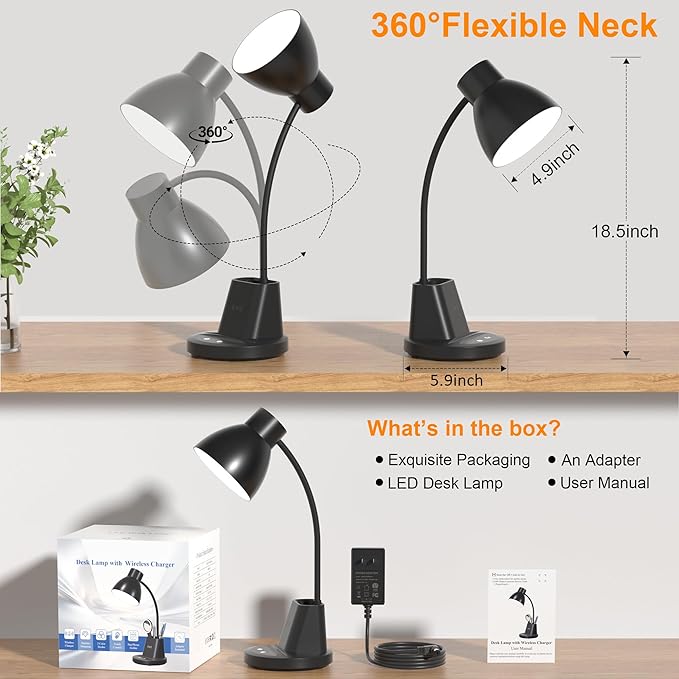 Sailstar Desk Lamp with Wireless Charger, 3 Color Modes Dimmable Desk Lights with Pen Holder, 800LM CRI 95+ Neck Flexible Desk Lamp for Home Office, College Dorm, Studying, Working, Adapter Included
