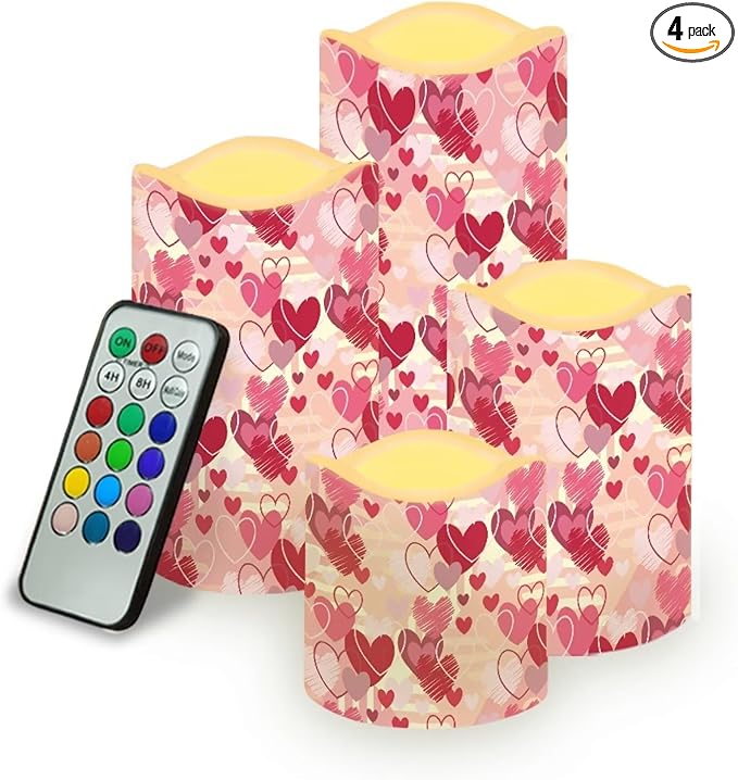 Pink Heart Theme Plastic Flameless Candles with Remote Control and Timer LED Flickering Battery Electric Pillar Candles for Table Valentine's Day Decoration