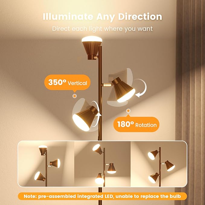 36W LED Tree Floor Lamp, Dimmable Tall Standing Lamp with Remote & Touch Control, 4 Color Temperatures Bright Floor Lamp, 3 Rotatable Light Modern Floor Lamps