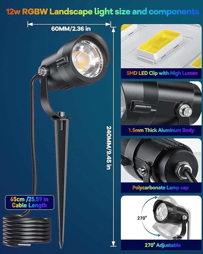 HIBOITEC RGBW Low Voltage Landscape Lighting 12Pack 12W with Remote Connectors Spotlights Landscape Lights 12-24V AC/DC Waterproof for House Yard Trees Outdoor Christmas(Transformers NOT Included)