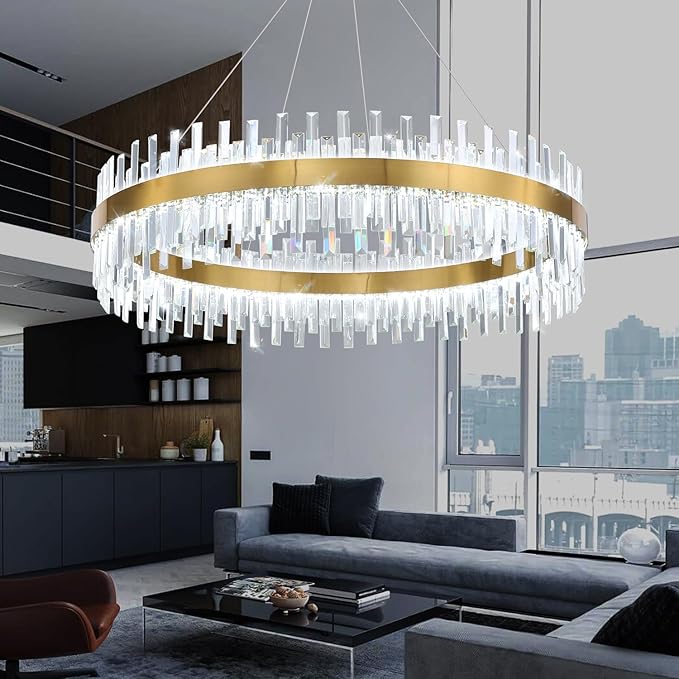 Glam Crystal Chandelier Large Ring Chandeliers with Remote Dimmable LED Light Adjustable Hanging Lights Luxury Ceiling Pendant Lighting Fixtures for Living Dining Bedroom Foyer Gold Light