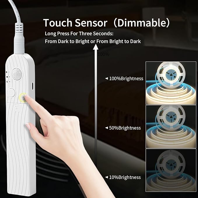 5V Motion Sensor Dimmable USB Rechargeable COB LED Strip Lights,Built-in 1500mAh Battery,Three Modes,6.56FT/2M,Natural White 4000K,320LEDs/M,Night for Closet,Wardrobe,Bed,Stairs,Kitchen