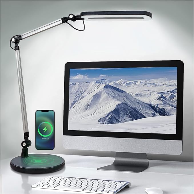 OTUS LED Architect Desk Lamp for Home Office with Wireless Charger, Adjustable Swing Arm, 32 in Tall, 11.8 in Panel, 3 Color Modes, 12 Dimmable Levels, Eye-Caring for Reading, Study, Video Calls