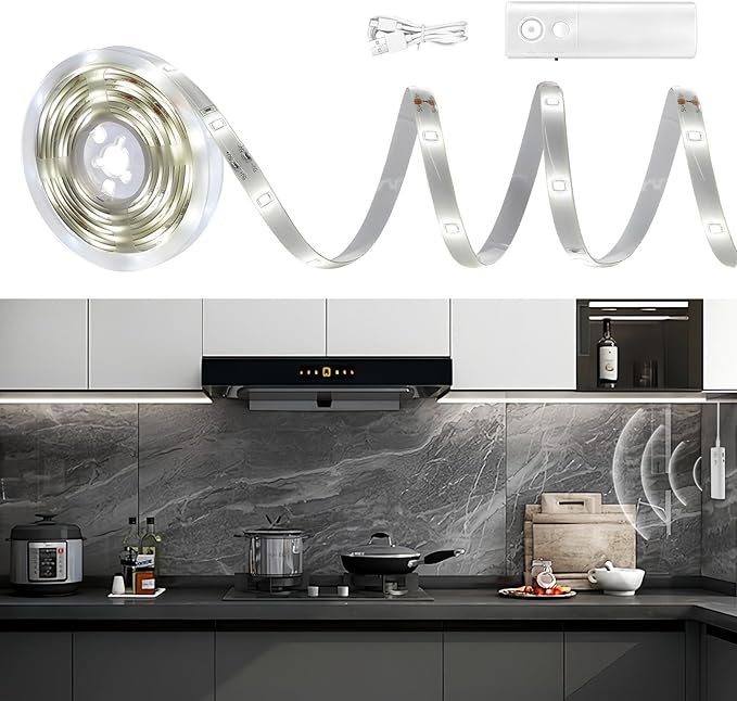 Rechargeable LED Strip Lights for Cabinets - LUXJET 2M Cool White Motion Sensor led Strip Lights for Bedroom, Kitchen, Under Cabinet, TV, Stairs, Door Frame