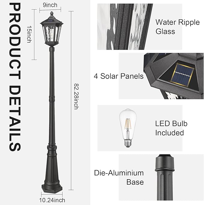 82 Inch Solar Post Street Lamp Light with Remote Control, Dusk to Dawn Waterproof LED Pole Light Exterior, Outside Pillar Lighting with Water Ripple Glass for Lawn Pathway Garden Porch Yard Patio