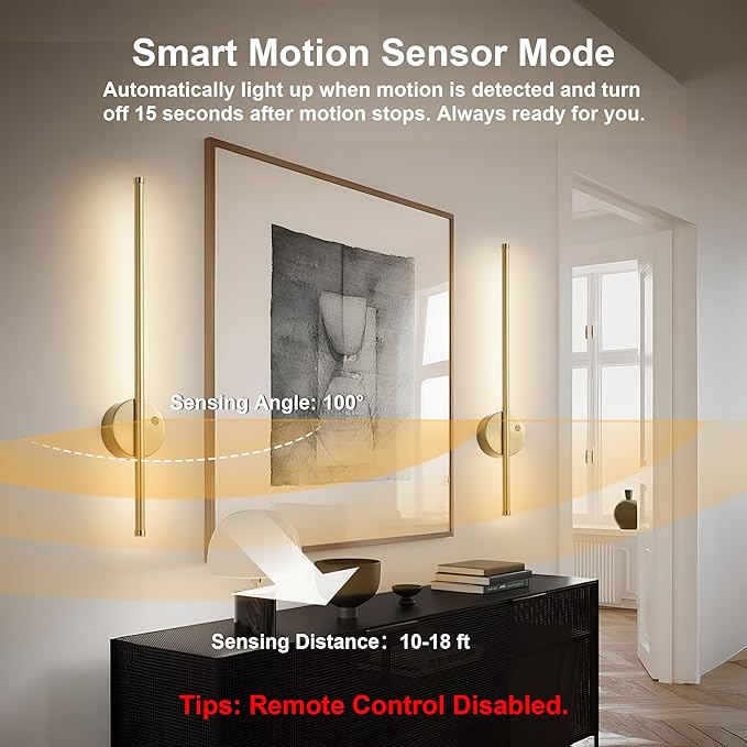 Motion Sensor Battery Operated Wall Sconce Set of Two - Modern Rechargeable Wireless Wall Lights with Remote Control, Dimmable, 3000K/4000K/6000K, Timer for Living Room, Hallway,23.6 Inch, Brass