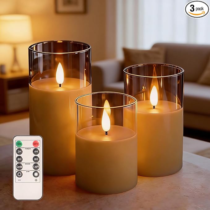 Gold Flameless LED Candles with Remote & Timer, 3-Piece Flickering Pillar Candle Set, Realistic Flame Effect, Adjustable Brightness, Battery Operated Candles for Home Decor, Wedding & Holiday