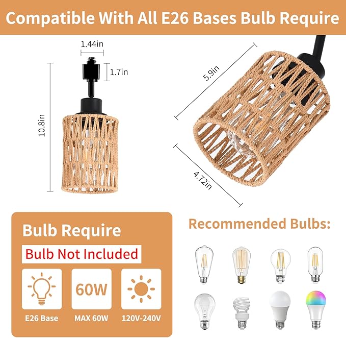4-Pack H Track Light Heads, Modern Rattan Track Lighting Fixtures for H Type Single Circuit Tracks Rails, Adjustable Track Light Fixtures, E26 Track Light Ceiling Modern for Kitchen, No Bulb
