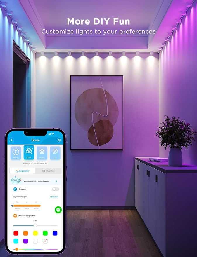 Govee RGBIC String Downlights, Smart LED String Lights Works with Alexa, Color Changing Indoor Wall Light Fixture for Party, Music Sync, 9.8ft with 15 LEDs, White