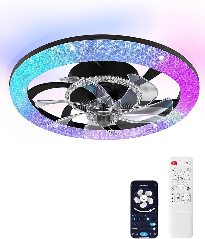 2 in 1 Wifi RGB-LED 20” Ceiling Fans with Lights and Remote, 3000-6500K Dimmable Flush Mount Smart Low Profile Ceiling Fan with Lights, Bluetooth Bladeless Fans with APP, for Bedroom, Black