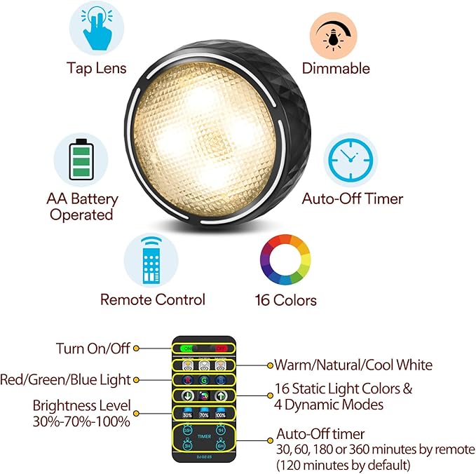 LED Puck Lights with Remote Control, Battery Operated Wireless Closet Light, Under Cabinet Lighting Stick on Tap Push Lights, Color Changing Under Counter Light for Kitchen, 6 Pack - Black