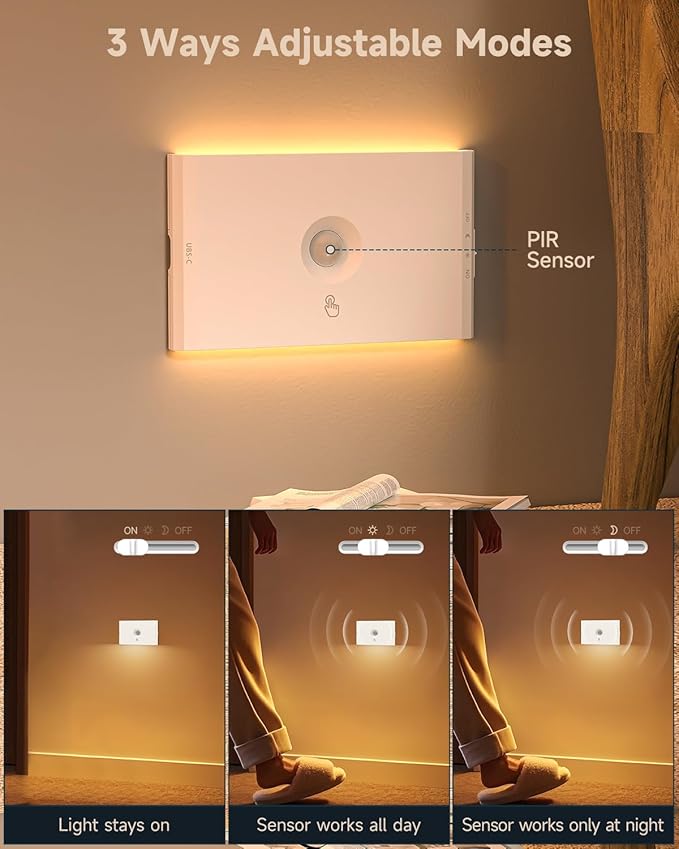 Yiliaw 6-Pack Rechargeable Motion Sensor Stair Lights White, Dimmable Night Lights with 3 Modes & 3 Color Temperatures, Magnetic, Stick-On Stair Lights Indoor for Hallway, Stairway, Bathroom, Kitchen