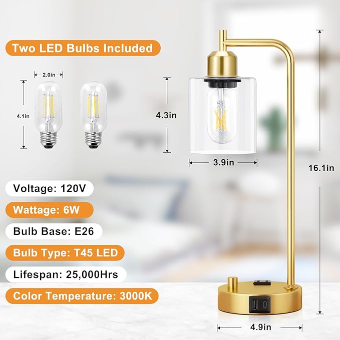 Innqoo Industrial Table Lamp for Bedroom Set of 2 - Fully Dimmable Bedside Lamps with USB Ports and Outlet, Gold Nightstand Lamps with Clear Glass Shade for Living Room, Desk Lamps for Office Reading