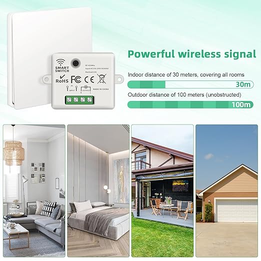 RGBZONE Self-Powered Wireless Remote Switch Kit, 10A AC85-240V No Rewiring 100FT Range RF433 Remote Control Switches for in-/Outdoor Lights (RF Switch and Receiver)