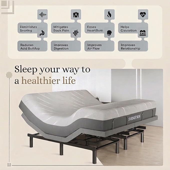 Sven & Son Harmony Adjustable Bed Base, Head and Foot Lift, Massage, Under-Bed Lights, USB, Gel Memory, Zero Gravity Smart Frame - King + 12 inch Memory Foam Matt (Medium)