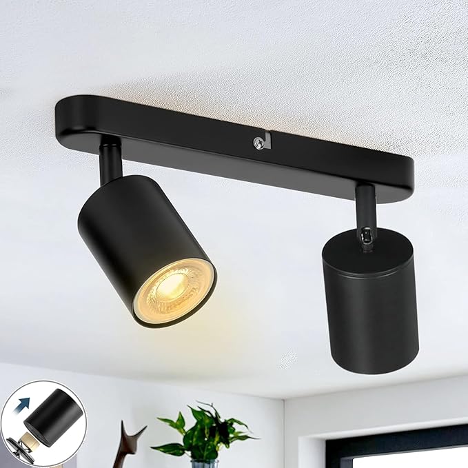Adjustable Spotlight Ceiling Light Fixture 2 Light Gu10 Track Lighting Indoor Directional Light Ceiling Spot Light for Kitchen, Bedroom, Picture Wall, Hallway, Office, Bar (Black-2 Light)