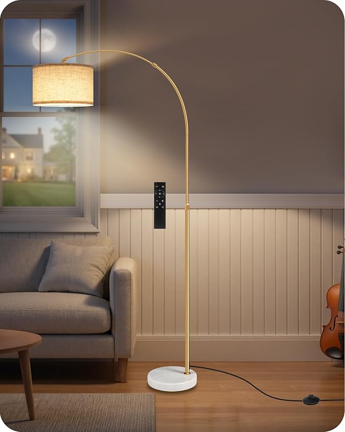 75" Arc Floor Lamp with Marble Base and Adjustable Height, Rotating Hanging Shade, Dimmable Gold Floor Lamp for Living Room with Remote and Foot Switch, 3 Color Temperatures, Timer, DE15LD05