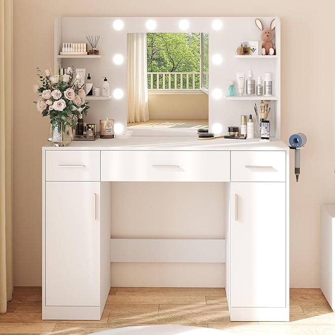 DUMOS Vanity Desk Makeup with Mirror LED Lights, White Table with Power Outlet 3 Drawer, 4 Storage Shelves & 2 Cabinets, 3 Lighting Modes & Adjustable Brightness, Dressing Tables for Bedroom