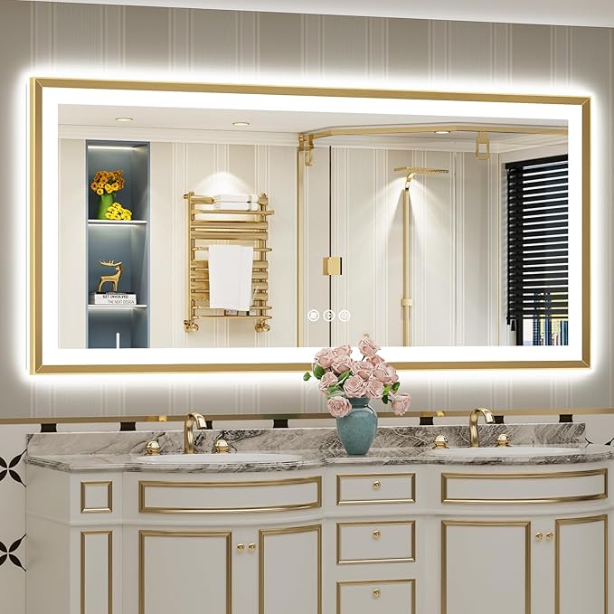 72x36 Gold Beveled LED Bathroom Mirror with Lights, Brushed Gold Framed Backlit and Front Lit Anti-Fog Lighted Vanity Mirrors for Bathroom Wall, Dimmable, 3 Colors, Memory, HD Tempered Glass