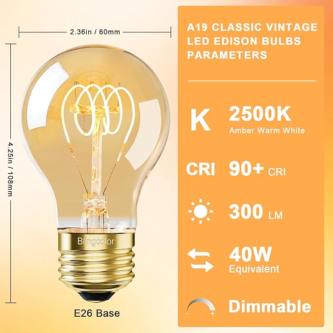 A19 Vintage LED Edison Light Bulbs 40 Watt, 4-Pack Dimmable A19 4W LED 2500K Warm White Light Bulbs, E26 Base, 4W Equal 40 Watt Incandescent Bulbs, Decorative Antique Bulb, 300LM