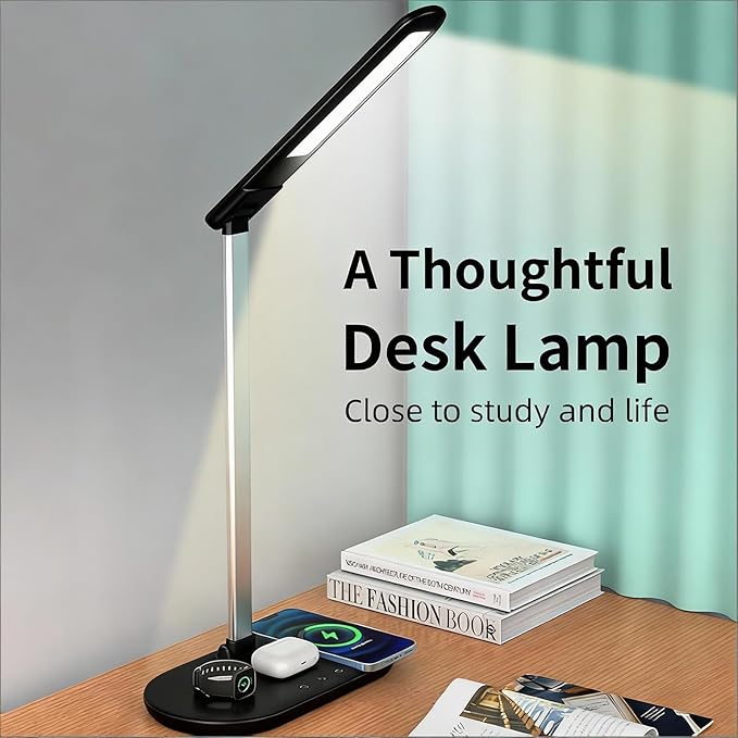 3-in-1 Wireless Charging Desk Lamp,15W Qi Fast Charger for Phone/Watch/Earbuds,Adjustable LED Light with 3 Colors & Stepless Dimming,Flexible Gooseneck,Touch Panel,HYT2096 Black.