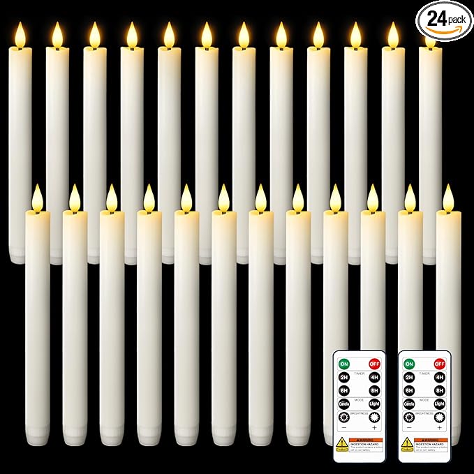 Homemory 24 Pcs Waxy Flameless Taper Candles with Remote, Flickering Battery Operated Taper Candle, Led Flameless Candlesticks Classic Tall Candles for Home, Wedding, Party, White, 9.6 inches