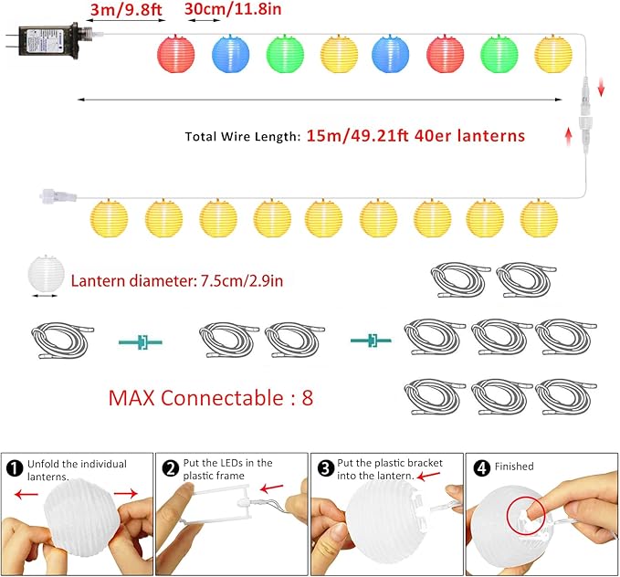 Outdoor String Lights Plug in, 40ft 40LED Connectable WarmWhite & Multicolor Nylon Lantern String Lights with Remote, Timer Outdoor Waterproof Patio Lights for Fences Balcony Garden Camping