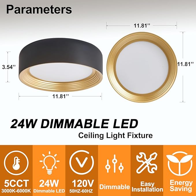 Dimmable Modern LED Flush Mount Ceiling Light,11.8 Inch 5CCT 24W/3000K-6000K,Minimalist Round Black and Gold Close to Ceiling Lighting Fixtures for Kitchen,Hallway,Laundry Room,Entryway,Porch