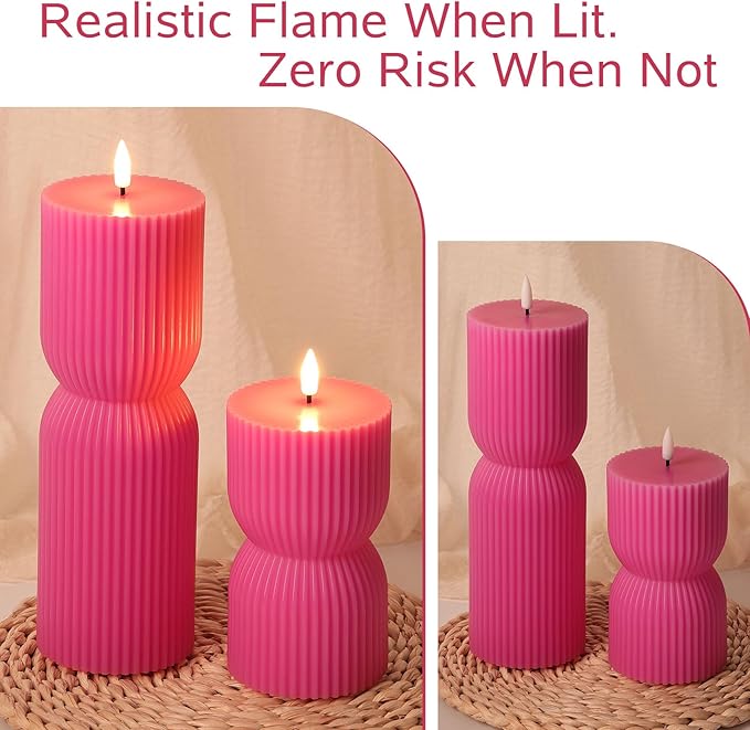 Hot Pink Ribbed Flameless Pillar Candles with Remote, Real Wax Flickering Battery LED Candles Set of 2