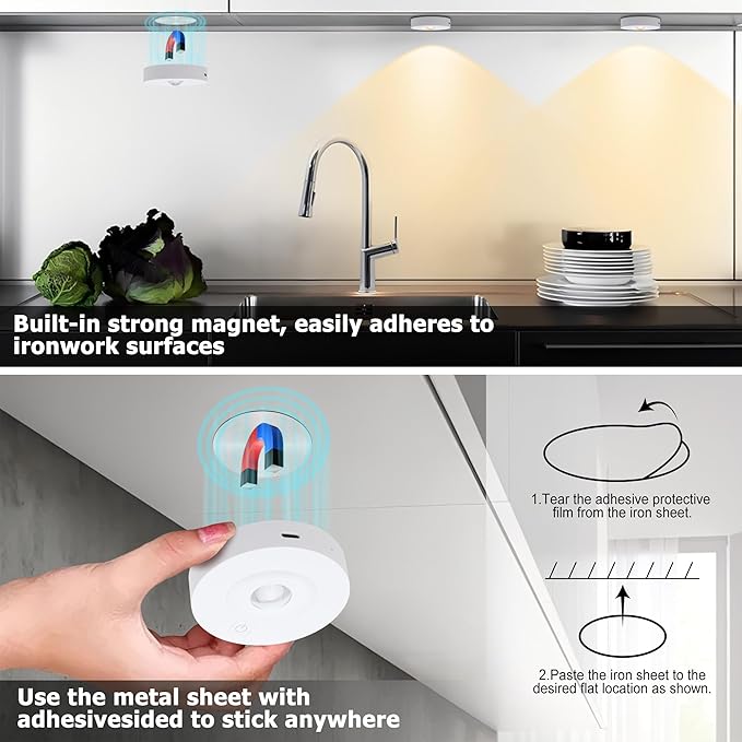 Rechargeable Puck Lights, 3 CCT & Dimmable Under Cabinet Lighting Wireless Magnetic Battery Operated Closet Light 2W 70LM White(5 Pack, Remote Control not Included)
