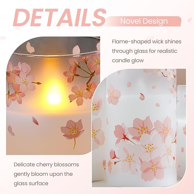 Pack of 3 Flameless Daily Timer Flickering Real Wax Pillar Candles, 3" x 4" 5" 6" LED Battery Operated Pink Cherry Blossoms Glass Warm Light with Remote Control