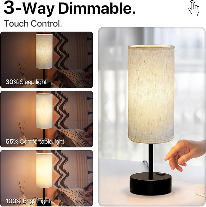KPQ Small Bedside Lamp Touch Control Table Lamp with USB A+C Charging Ports & AC Outlet 3-Way Dimmable Nightstand Lamp with Linen Fabric Shade for Bedroom Living Room