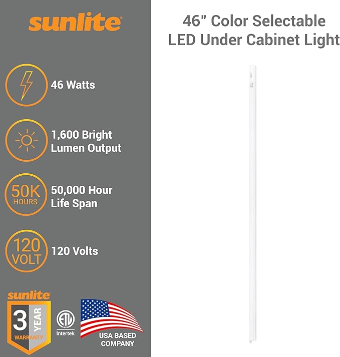 Sunlite LED Under Cabinet Lighting Plug in 46 Inch Linkable Under Counter Lights for Kitchen 16 Watts, 120 Volts, 1600 Lumens, Adjustable 3 CCT 3000K-5000K, 50,000 Hour Lifespan, ETL Listed LED Light