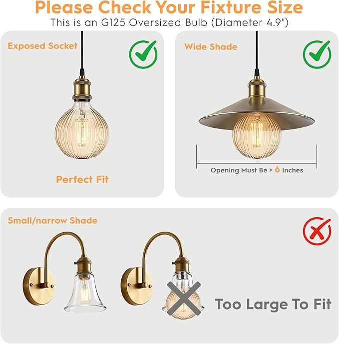 Light Bulbs, 4W Dimmable Decorative Large Unique Amber Globe G125 Edison LED Bulbs with Squirrel Cage Filament, E26 Medium Base, 2200K Warm Ambient Mood Lighting for Indoor Decoration, 1 Pack
