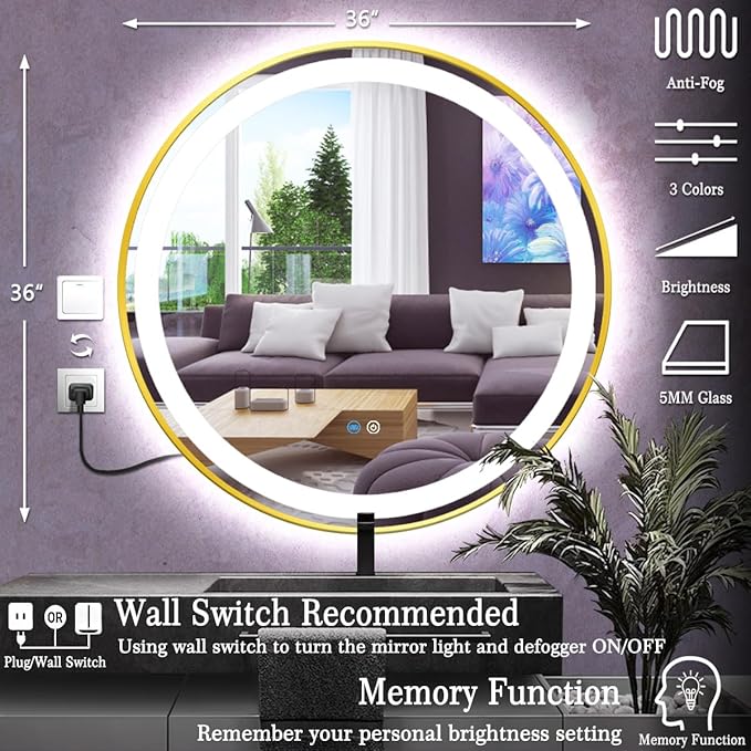 36 Inch Gold Round Vanity Mirror with Lights Gold Frame Round Lighted mirror for Bathroom Salon Wall Makeup 36 Inch Large Golden Circle Round LED Mirrors Smart Memory 3 Color Dimmable AntiFog